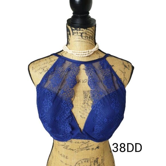 Women's Bralette 38DD Blue High Neck Lace Crochet Overlay T Back Royal Blue 38E - Picture 1 of 7